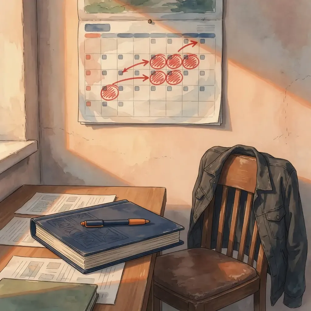 Bureau met een ingebonden map en een kalender met omcirkelde deadlines