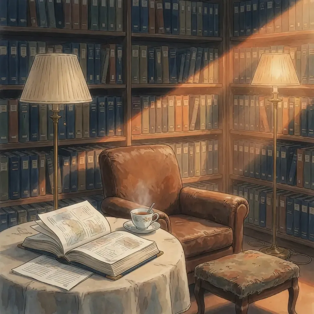 Leesstoel en tafel met opengeslagen boeken in een bibliotheek