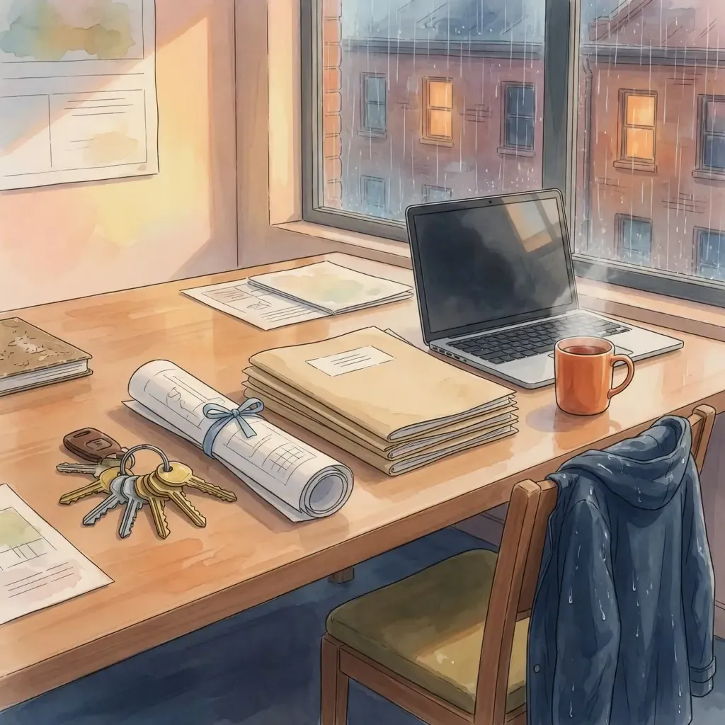 Sleutelbos, bouwtekening en een laptop op een bureau